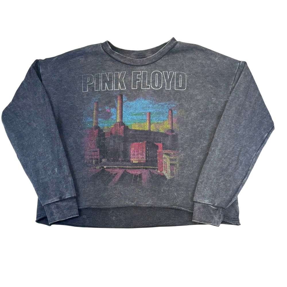 Pink Floyd Sweater Pullover Cropped Crewneck Acid Wash Gray Graphic Rock Band M